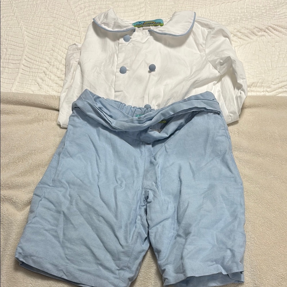 White and Light Blue Button-Up Outfit